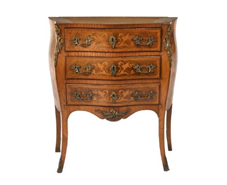 A French kingwood, tulipwood and inlaid petite commode, 19th c, with gilt lacquered brass mounts, including chutes and sabots