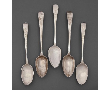 One and two pairs of George III silver tablespoons, bright cut Old English pattern, by various makers, all London, 1783, 1792