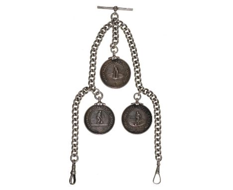 A silver albert and 'T'-bar, early 20th c, with three sporting prize medals, 33cm l, links individually marked, 80g  Light we