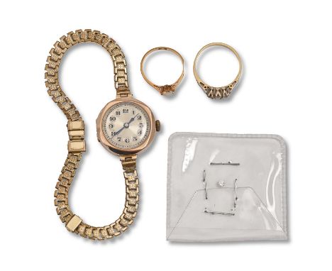 A diamond ring, in 18ct gold and an opal ring, in gold marked 18ct, 4.7g, size M, R and a 9ct gold lady's wristwatch, on plat
