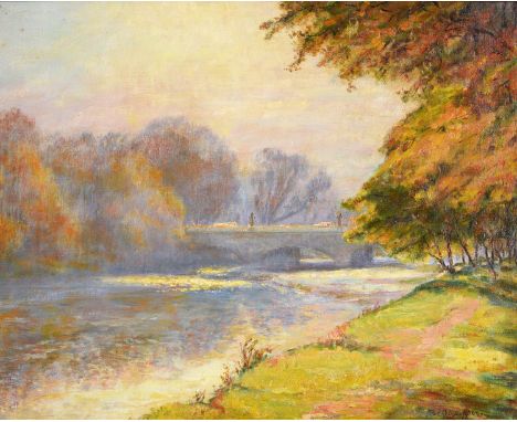 Alfred E Hall (fl early/mid 20th century) - Cardiff Bridge, signed, oil on board, 39 x 48.5cm  Varnish would benefit from a l
