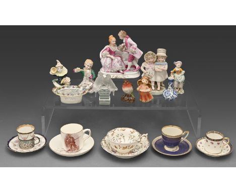Miscellaneous porcelain teaware and figures, 19th c and later, to include a James Macintyre &amp; Co teacup and saucer printe