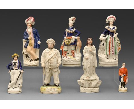 Seven Staffordshire figures, c1850-1870, to include a portrait figure of James Henry Hackett as Falstaff, a sailor and a stou