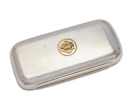 A Victorian silver box, the lid applied with gold silhouette of an earl and monogram, 12.5cm l, by Abraham Brownett, London 1
