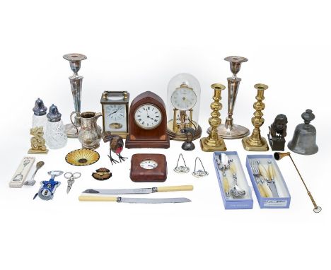 Miscellaneous brass and other metalware, 20th c,&nbsp;to include a pair of plated candlesticks, a carriage clock and boxed fl