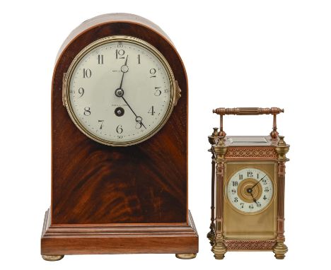 A French brass and copper carriage clock, early 20th c, with enamel dial 11 x 7cm and an arched top mahogany mantle clock ear