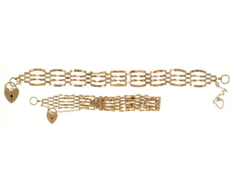 Two 9ct gold gate bracelets and padlocks, 17.5 cm and 18cm l, 16.7g  Some links bent