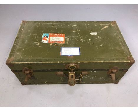 Vintage metal bound travel trunk with Cunard Line stickers for the Queen Mary, accompanied by memorabilia from the 1965 voyag