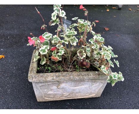 Rectangular garden planter adorned with otters, approx 49cm x 30cm x 26cm