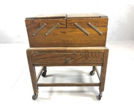 Vintage oak extending work box with drawer, on castors