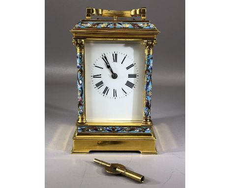 Enamelled champlevé carriage clock with eight day movement, striking on the hour and half hour, movement stamped with maker R