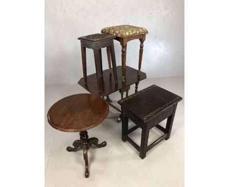 Collection of five stools, tables and sofa tables