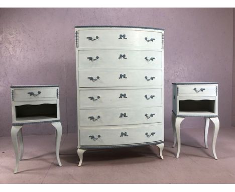Vintage painted bedroom suite comprising chest of six drawers, approx 77cm x 43cm x 116cm tall, and a pair of bedside tables,