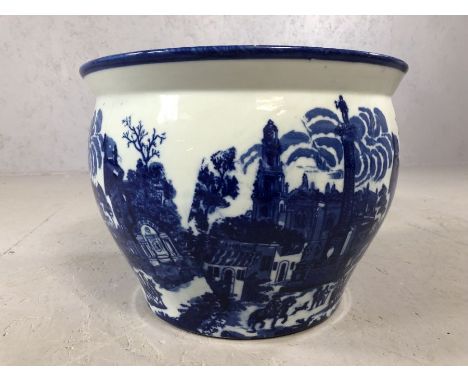 Blue and white large ceramic fish bowl / planter, approx 35cm in diameter