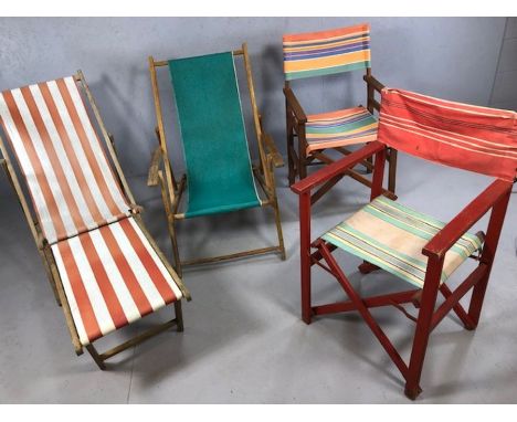 Collection of vintage garden seating to include two deck chairs, one with foot rest and two folding armchairs