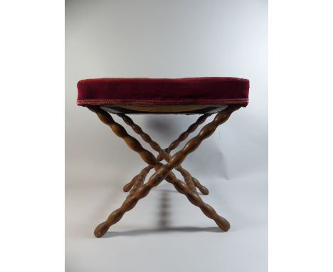 An Edwardian Bobbin X Frame Stool with Upholstered Tapestry Top, 42 Cm High