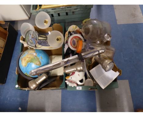 Two Boxes Containing Vintage Sweet Jars, China, Table Globe, Light Fitting Etc 