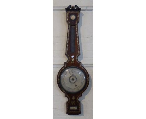 A Victorian Mother of Pearl Inlaid Rosewood Wheel Barometer, Missing Temperature Scale, 114 Cm High