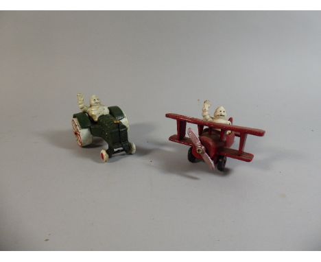Two Small Reproduction Cast Metal Michelin Man Figures, One on Tractor, One in Plane (Plus VAT)