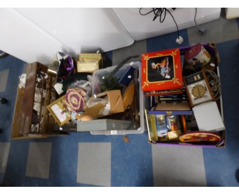 Four Boxes of Sundries to Include Vintage Bedside Clock Light, Slide Box, Prints, Dolls Etc