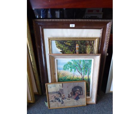 A Framed Print, Close of Day and Two Oil Paintings and A Print of Gypsies Dancing 