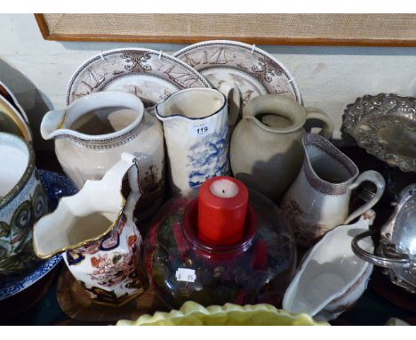 A Collection of Ceramic Jugs to Include Masons Imperial, Two Masons Ship Plates, Glass Bowl Etc