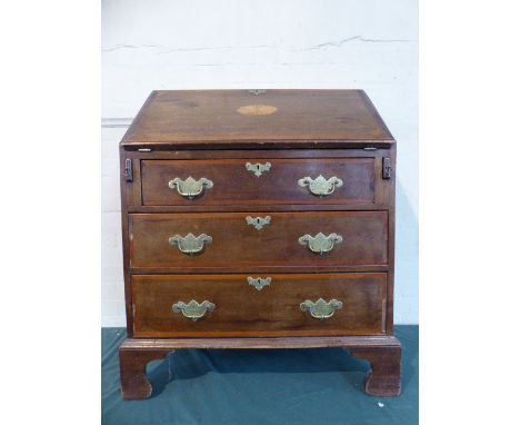An Inlaid Edwardian Fall Front Bureau with Fitted Interior and Three Base Drawers, Bracket Feet, 75 Cm Wide