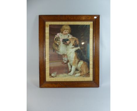 A Victorian Oak Framed Pears Print, Girl with Dog and Puppies 
