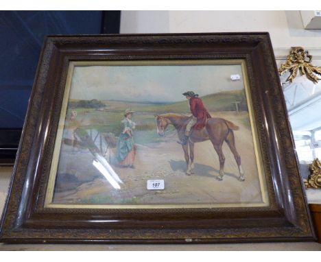 A Framed Victorian Print, Gentleman on Horse Talking to Milkmaid, 46 Cm Wide