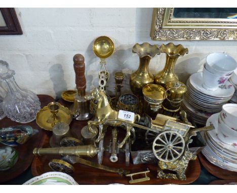 A Tray of Brass Wares to Include Two Model Cannons, Miniature Miners Lamp, Portrait / Money Box, Vases, Hand Bell Etc