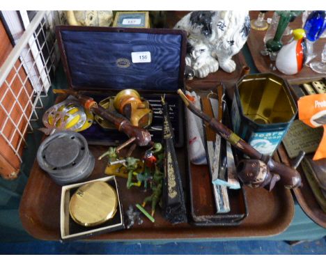 A Tray of Sundries to Include Vintage AA Badge, Putter Ink Stand, Powder Compact, Soldier Figures, Fans Etc 