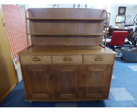 A Vintage Priory Light Oak Dresser with Three Drawers Over Cupboard Base, Two Shelf Plate Rack, 120 Cm Wide