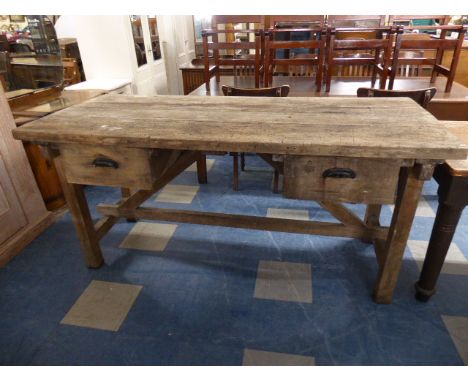 A Four Plank Work Bench Table with Two Drawers, 182 Cm Long
