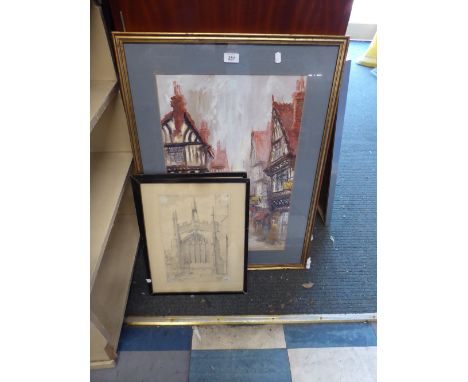 A Framed Maile Print of Chester and Two Framed Architectural Pencil Drawings of Church