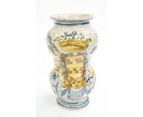 An Italian maiolica pharmacy jar or albarello, 18th century, of double gourd form, decorated with polychrome coat of arms and