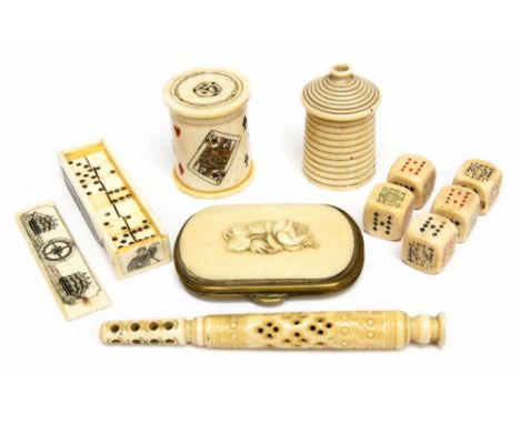 A bone miniature dominoes case, late 19th/early 20th century, decoarted with galleons, compass and whales, width 7cm, a cylin