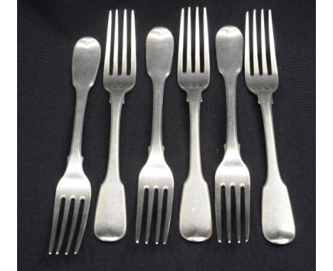 A set of six George III sterling silver fiddle pattern entree forks, each engraved to the finial verso with a ram crest, spon