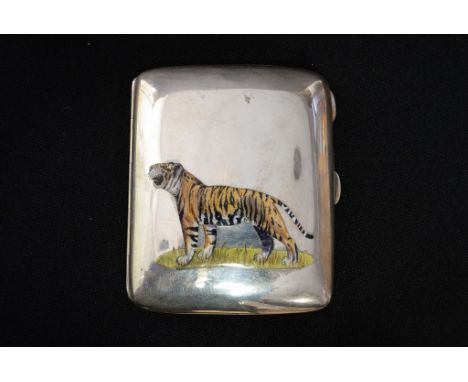A George V sterling silver and enamel cigarette case with gilt interior, of rectangular convex form, with thumbpiece and spru