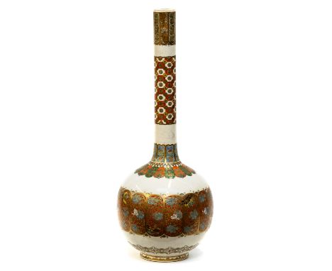 A Japanese Satsuma bottle vase, Meiji, globe and shaft form, the central band of linking foliate scroll cartouches with flowe