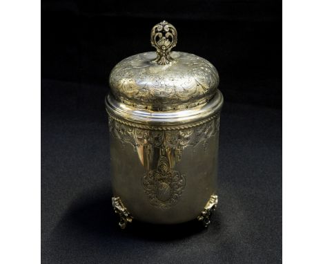A late nineteenth / early twentieth century continental 800 standard large circular pot and cover, on three cast foliate scro