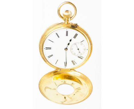 An 18ct gold half hunter topwind pocket watch, the outer cover with blue enamel numerals, Roman dial with subsiduiary seconds