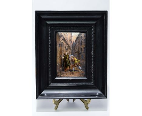 Pierre Bonnaud (1865 - 1930), Limoges enamel plaque of a courting couple in street, circa 1880, signed, framed, 18cm x 12cm