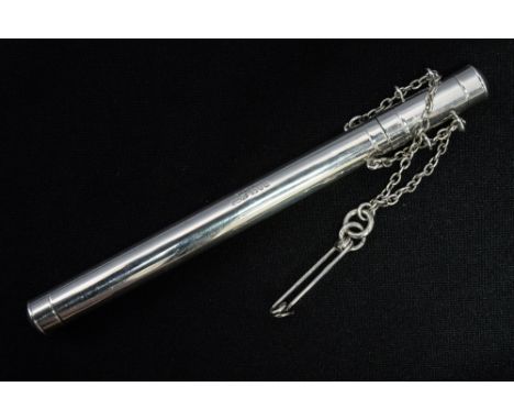 A good quality Edwardian sterling silver thermometer case with silver chain and silver pin used to secure to a chatelaine, ma