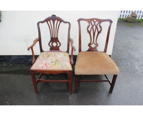 A George III mahogany Chippendale period side chair, circa 1765, with a shaped crest rail and pierced back splat, together wi