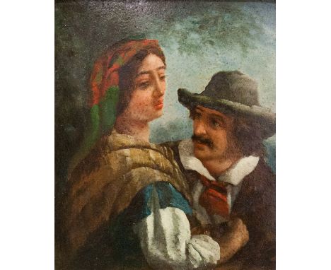 Victorian School, portrait of a man with young female companion wearing a headscarf and shawl, oils on board, appears unsigne