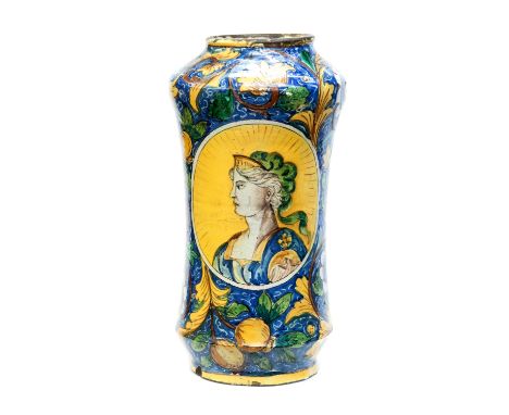 A large Italian maiolica pharmacy jar or albarello, 17th century or later, waisted form, polychrome decorated with portraits 