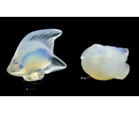 A Lalique blue opal glass fish, frosted to one side, 5cm high, together with a similar Sabino glass bird (2)