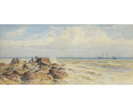 Mogford, John (British) (1821-1885), seascape with figures on rocks foreground, watercolour heightened, signed, period gilt f