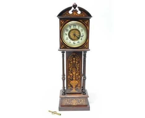 A Victorian rosewood mantle timepiece, in the form of a miniature longcase clock, with satinwood and hare wood inlay, the 3.5