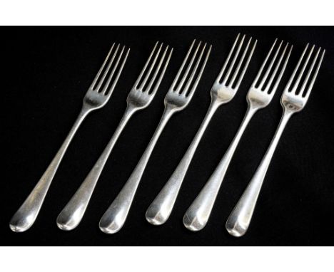A superb set of six early George III sterling silver old English pattern dinner forks, each with matching period engraved cre